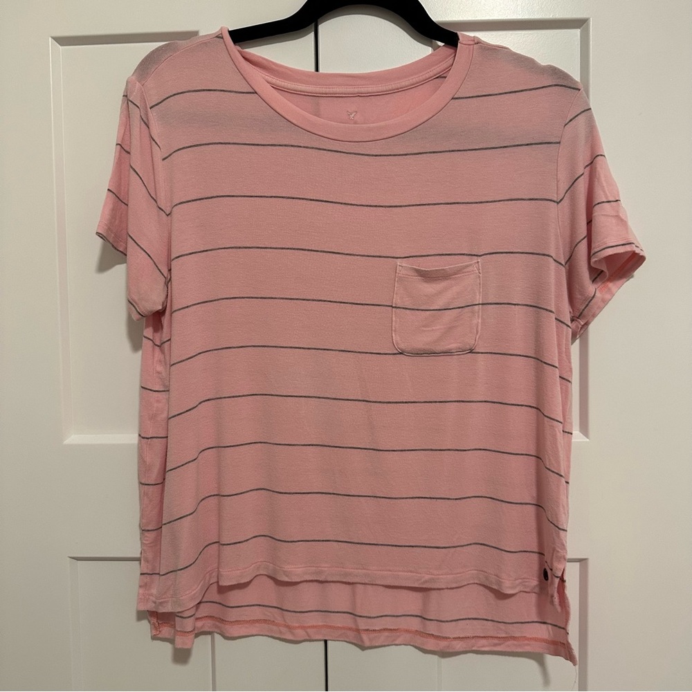 American Eagle Pink and Gray Striped Boxy soft & sexy T size M